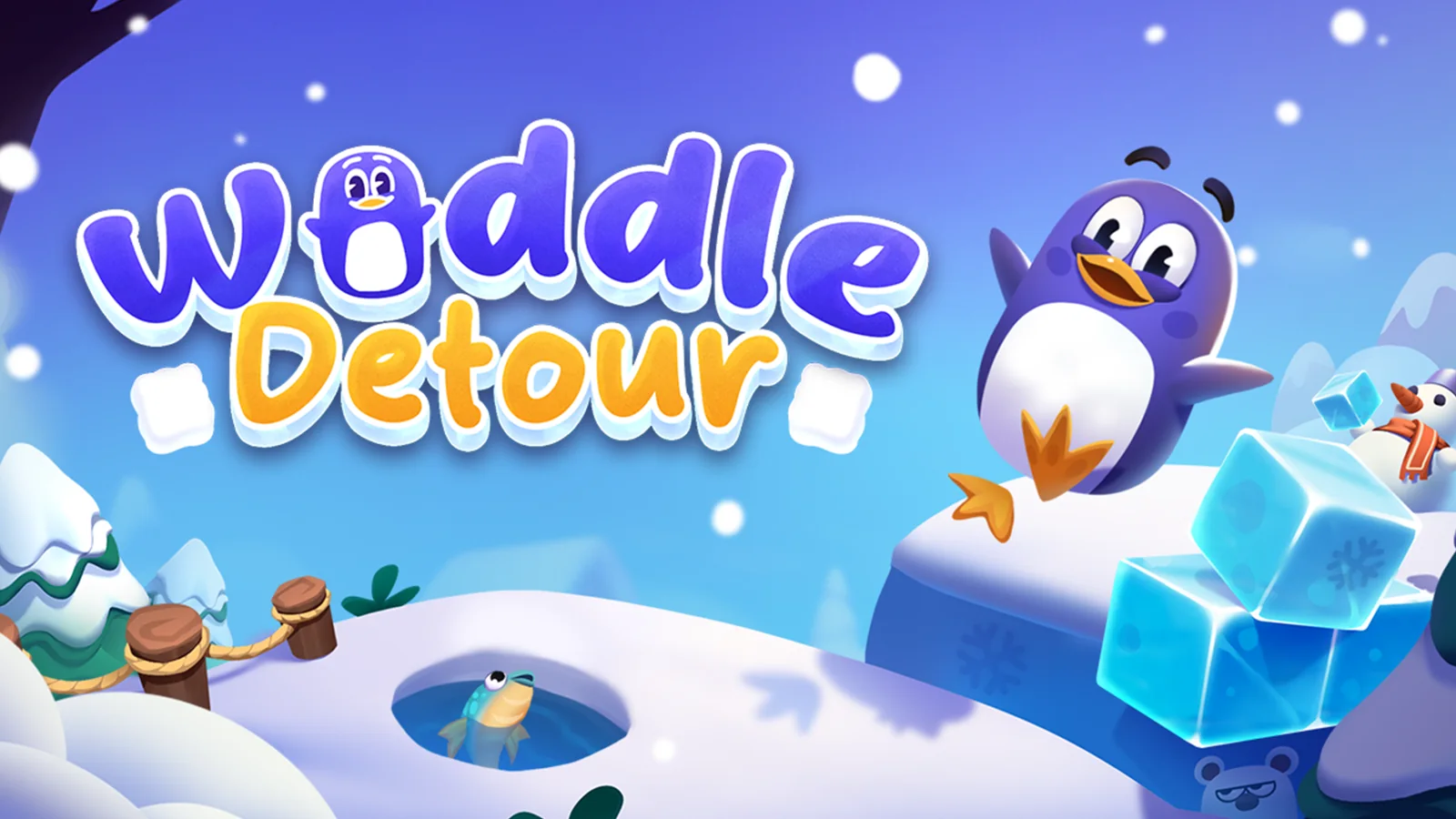 Waddle Detour key art: Waddly jumping over icy blocks on the way to his fishing spot
