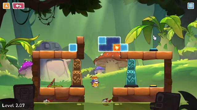 Waddly solving a block puzzle among green jungle ruins and tropical plants