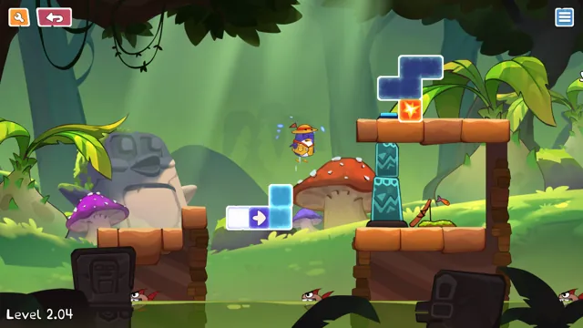 A challenging jungle puzzle with move blocks, bomb blocks, and tall platforms